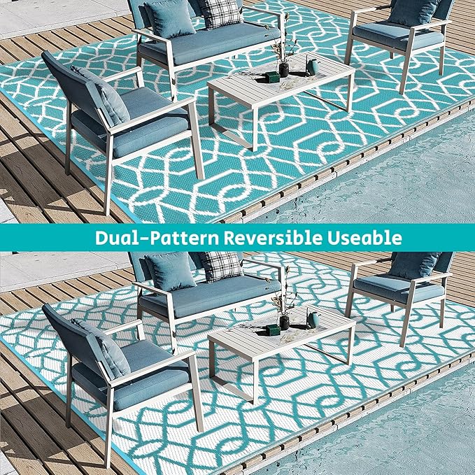 HEBE Outdoor Rug Waterproof 9x12, Reversible Plastic Straw Rug RV Camping Rug, Indoor Outdoor Patio Mat Clearance, Outside Carpet for Porch,Deck,Camper,Balcony,Backyard,Picnic