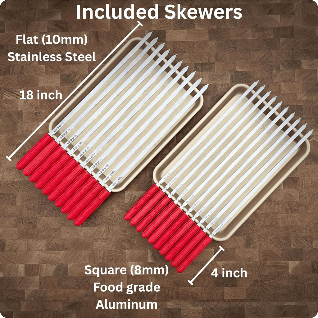 𝗖𝗵𝗮𝗿𝗰𝗼𝗮𝗹 𝗞𝗮𝗯𝗼𝗯 𝗚𝗿𝗶𝗹𝗹 by 𝗡𝗼𝗿𝘁𝗵 𝗚𝗿𝗶𝗹𝗹𝘀: precise heat control, silicone-handle square & flat skewers, charcoal starter tool, tongs, BBQ gloves, and storage & travel bags.