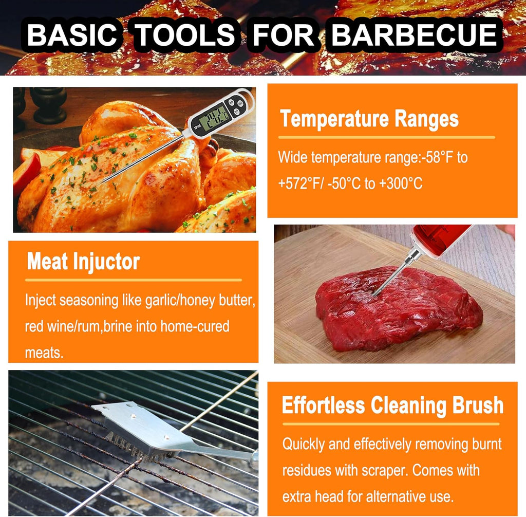 grilljoy 24PCS BBQ Grill Tools Set with Meat Thermometer and Injector - Extra Thick Stainless Steel Fork, Spatula& Tongs - Complete BBQ Accessories in Aluminum Case - Perfect Grill Gifts for Men Grey