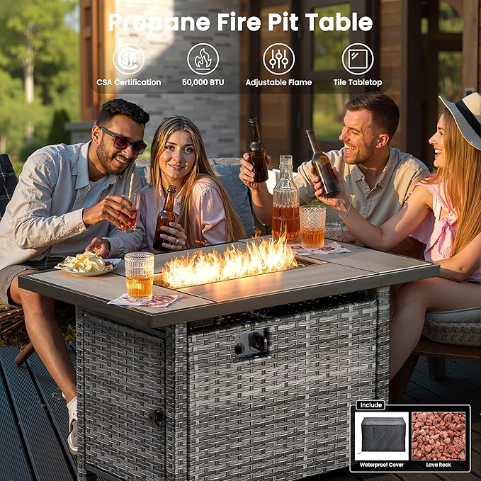 ovios 6 Pieces Patio Furniture Set with 42" Fire Pit Table, Outdoor Wicker Sofa with Comfy Cushions, All Weather High Back Rattan Couch Conversation Set, Beige