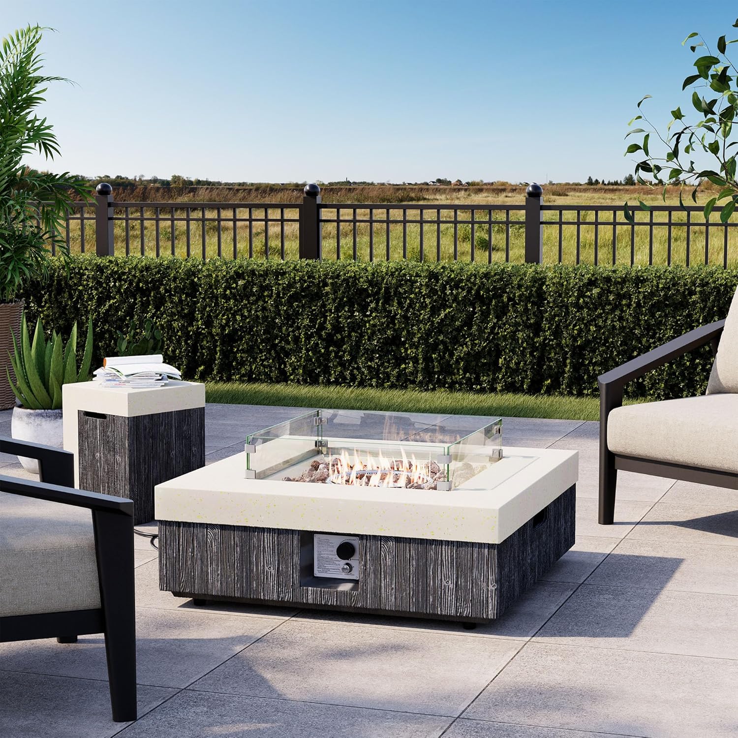 COSIEST 35" Outdoor Propane Fire Pit Table w Tank Cover & Wind Guard, Square Gas Fire Pit Table with Concrete & Wood Grain Design, 50000BTU CSA Certified Fire Tables for Patio, Backyard, Garden