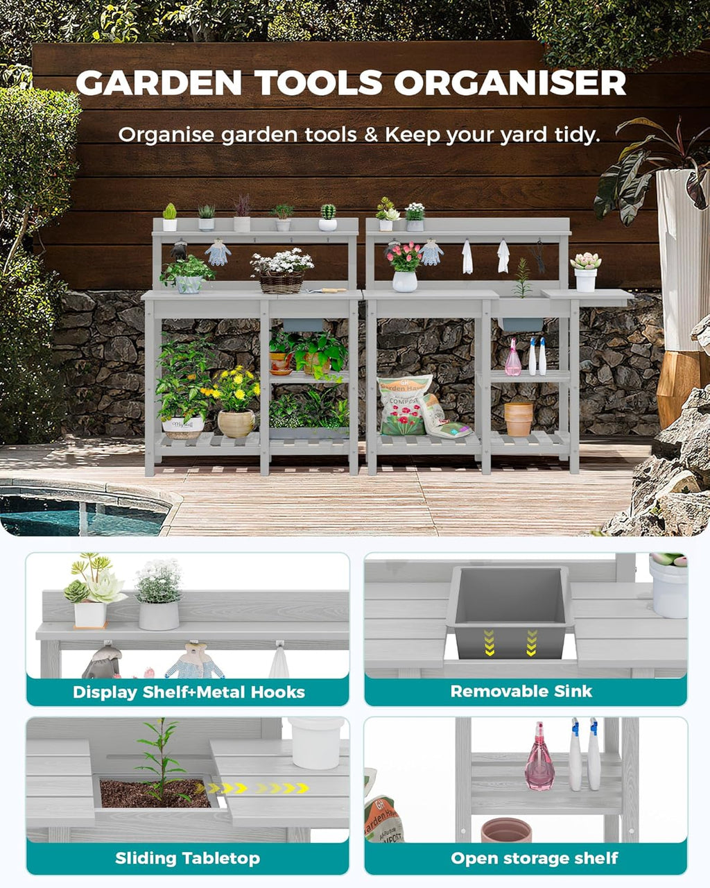 SERWALL Potting Bench Outdoor Potting Table with Sink, HDPE Potting Benches for Outside Gardening Table All Weather Use- Spanish Gray