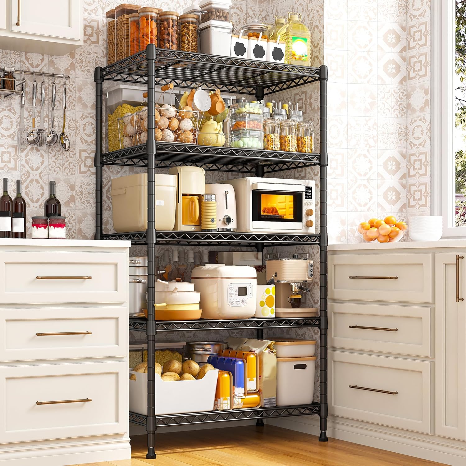 REIBII Metal Shelving 5 Tier Wire Sturdy Storage Shelves Adjustable Steel Organizer Wire Rack for Kitchen Laundry Room Commercial School Storage Room Black 63“Hx 21.65“L x 11.8”D