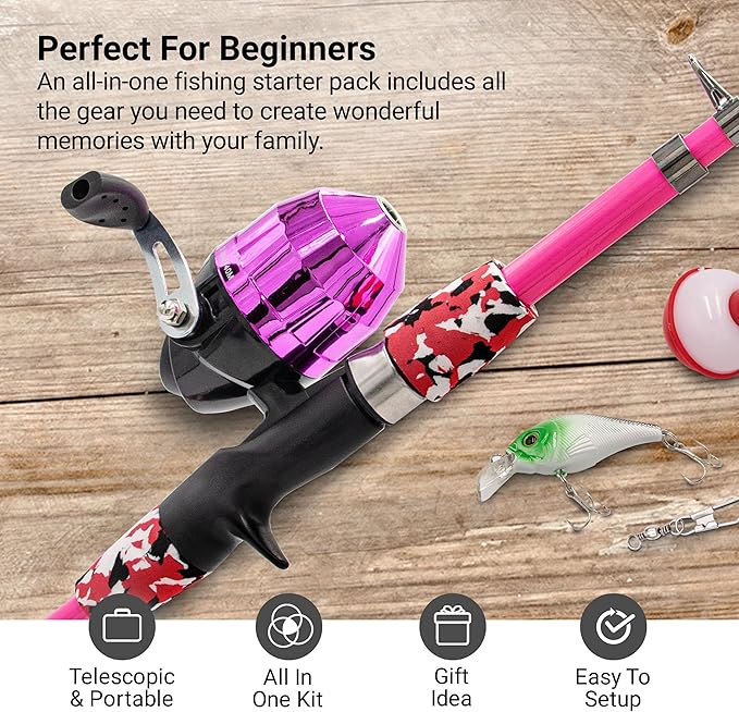 Kids Fishing Pole, Kids Portable Telescopic Fishing Rod Set, Tackle Box and Fishing Net Combo Kit, Kids Fishing Gear for Boys and Girls Age 5-10 and Youth