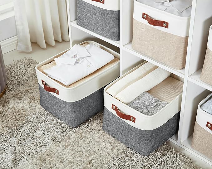DECOMOMO Storage Bins Fabric Storage Baskets for Shelves, Linen Closet Organization Toys Nursery (Slate Grey and White, Large - 4 Pack)