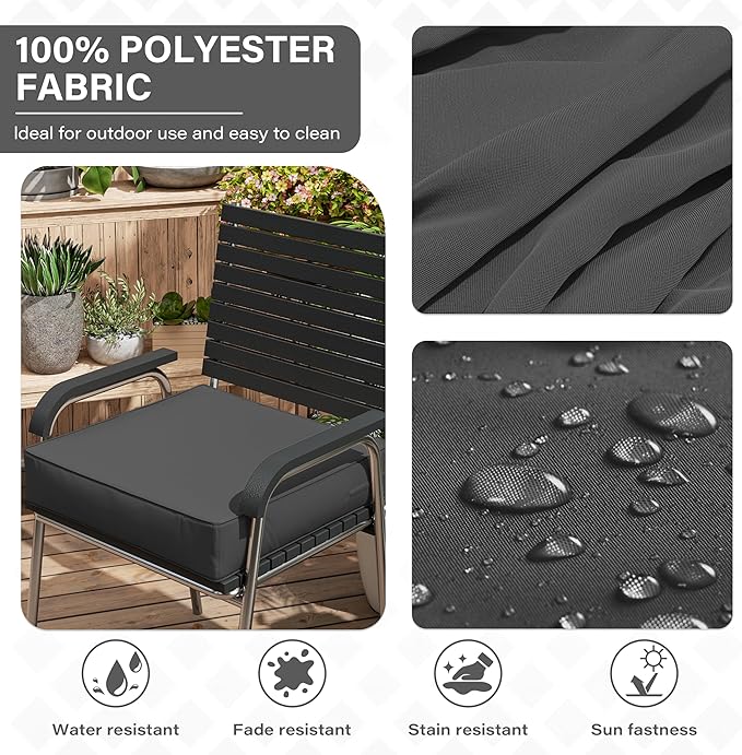 Patio Chair Cushions 24 X 24 X 5 Inch Waterproof Outdoor Seat Cushions for Patio Furniture, Outdoor Sofa Couch Pads with Ties & Handle, Set of 2, Grey