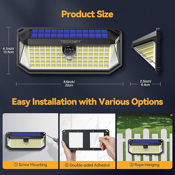 TECKNET 461 LED Solar Powered Outdoor Lights, 270° Angle & 3 Lighting Modes Motion Sensor Light Outdoor, Security Solar Lights Waterproof for Fence Front Door Yard Deck Garden Garage House - 6 Pack
