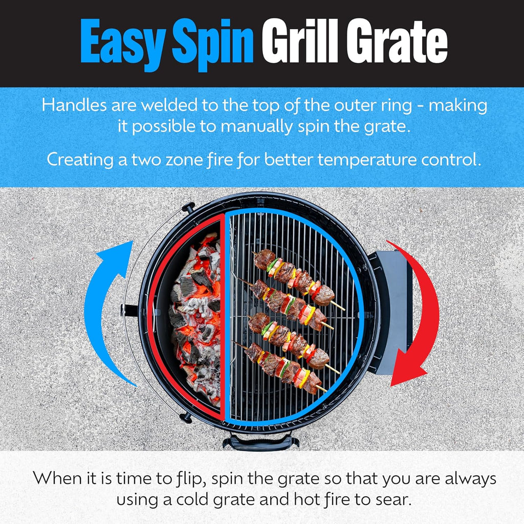 SnS Grills Original Kettle Charcoal Grill with Patented Slow 'N Sear Deluxe Insert and EasySpin Grate for Two-Zone Cooking, Low ‘N Slow Smoking and BBQing - Black 22-Inch
