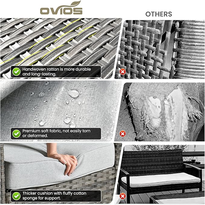 ovios 6 Pieces Patio Furniture Set with 42" Fire Pit Table, Outdoor Wicker Sofa with Comfy Cushions, All Weather High Back Rattan Couch Conversation Set, Grey