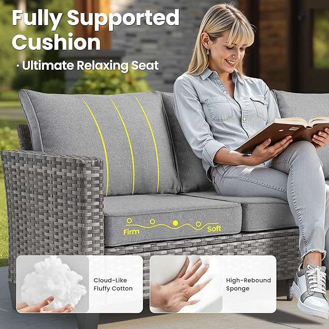 ovios 6 Pieces Patio Furniture Set with 30" Fire Pit Table, Outdoor Wicker Sofa with Comfy Cushions, All Weather High Back Rattan Couch Conversation Set, Dark Grey