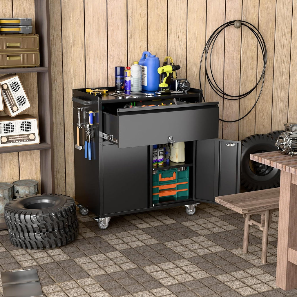 Metal Garage Storage Cabinet with Wheels and Pegboard, 35.4" H Lockable Tool Storage Cabinet with One Drawer, Adjustable Shelf and 4 Hooks for Garage, Warehouse, Black