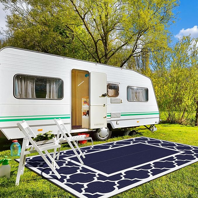 GENIMO 10' x 14' Outdoor Rug Waterproof for Patio, Foldable Reversible Plastic Straw Area Rugs Mat for Rv Decor, Outside Carpet for Camper, Deck, Picnic, Beach, Balcony, Porch, Blue & White