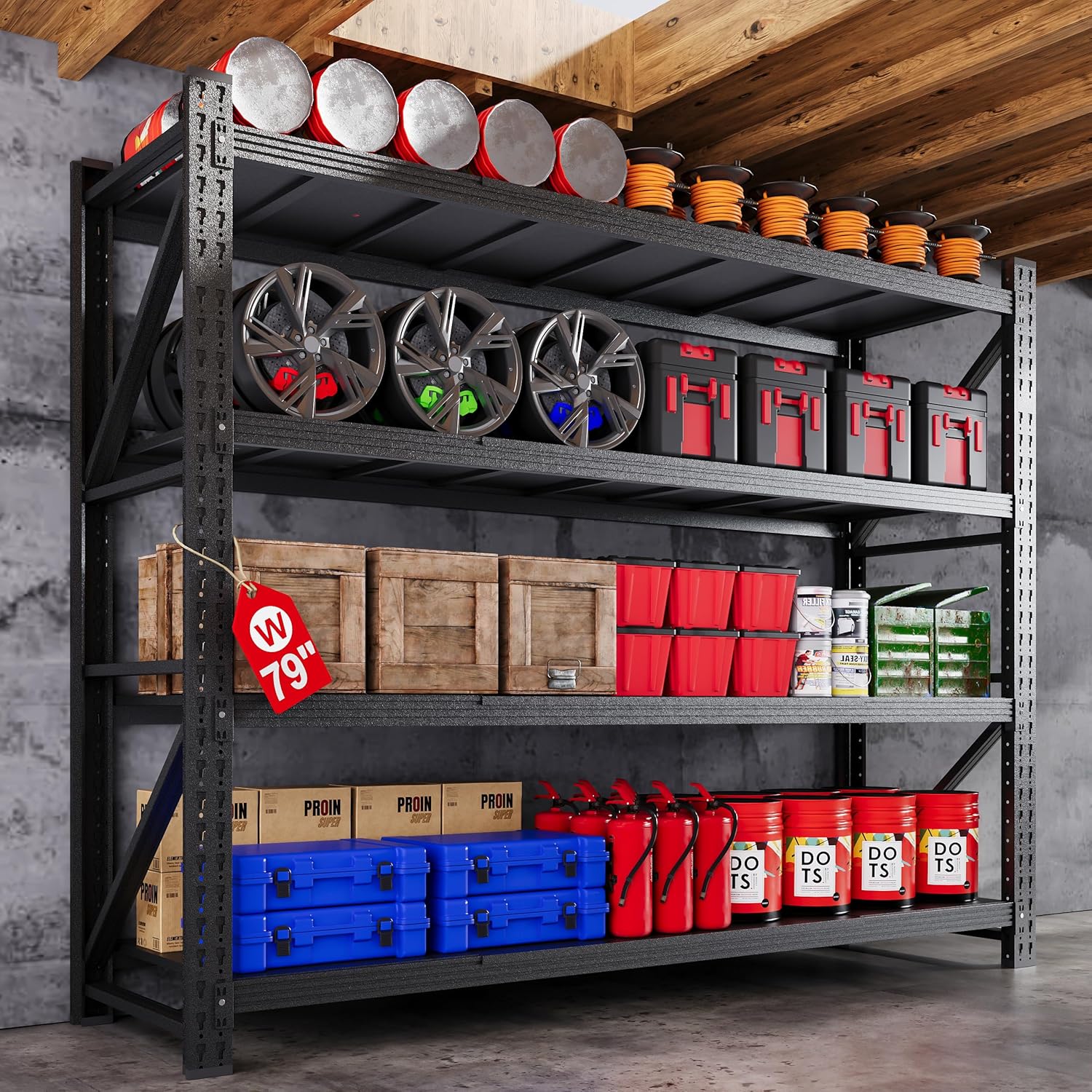 79” W Garage Shelving Heavy Duty, 7000LBS Metal Storage Shelves, 4 Tier Storage Rack Shelf, Steel Industrial Shelving, Adjustable Standing Shelf for Basement/Warehouse 79" W x 24" D x 79" H, Black