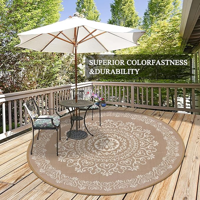 Pauwer Waterproof Outdoor Rug 6ft, Reversible Plastic Straw Patio Camping Rug, Indoor Outdoor RV Mat Carpet for Deck, Camper, Porch, Balcony, Backyard, Picnic, Floral Brown