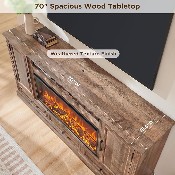 Fireplace TV Stand for 80 Inch TV, 35.7" Tall Farmhouse Entertainment Center W/36'' Electric Fireplace, Media Console with Large Storage Cabinets and Drawers for Living Room, Light Brown