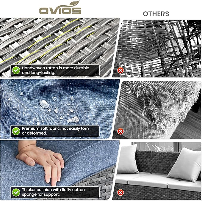 ovios 6 Pieces Patio Furniture Set with 30" Fire Pit Table, Outdoor Wicker Sofa with Ottomans, Comfy Cushions, High Back Couch Conversation Set, Grey Rattan, Denim Blue
