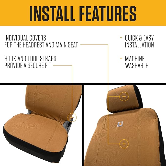 Carhartt Universal Nylon Duck Canvas Fitted Bucket Seat Cover, Durable Seat Protection with Rain Defender, Single, Black and Carhartt Brown