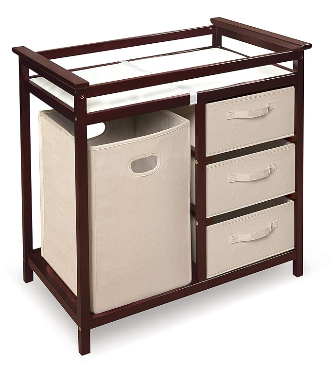Badger Basket Modern Baby Changing Table with Laundry Hamper, 3 Storage Drawers and Pad, Diaper Change Station - Cherry/Ecru