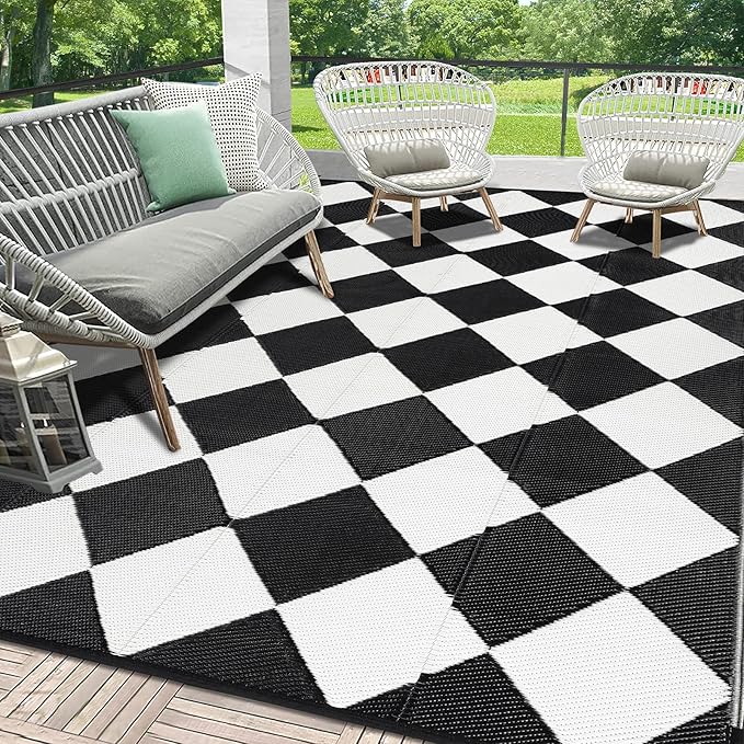 HEBE Outdoor Rug Waterproof 8x10, Reversible Plastic Straw Rug RV Camping Rug, Indoor Outdoor Patio Mat Clearance, Outside Carpet for Porch,Deck,Camper,Balcony,Backyard,Picnic