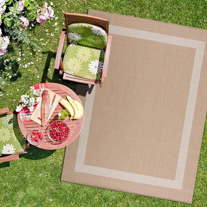 CAMILSON Outdoor Rug 8x10, Modern Outside Rugs for Patios Porches Waterproof Durable Washable Non-Shedding, Easy-to-Clean Indoor Outdoor Area Carpet (8 x 10, Bordered - Beige/White)