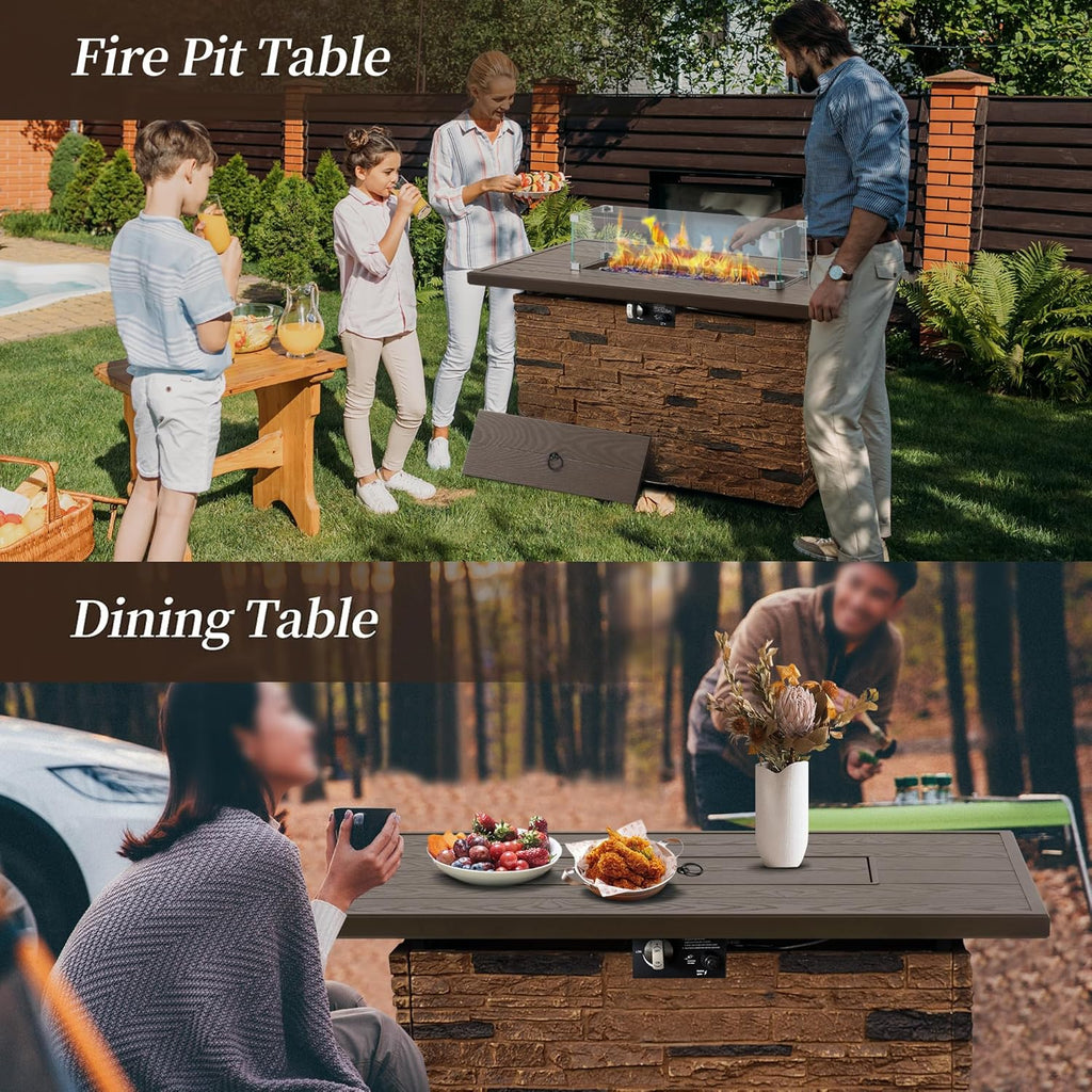 43” Propane Fire Pit Table Outdoor Rectangular Stone Firepit Table 50,000 Btu Propane Fire Tables for Outside Patio with Glass Wind Guard, Lid, Fire Glass Beads,Brown Rock Look