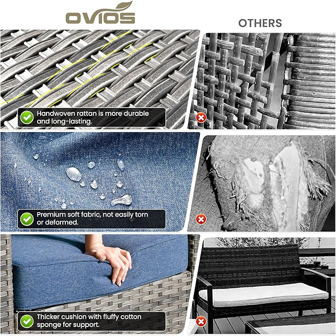 ovios 8 Pieces Patio Furniture Set with 30" Fire Pit Table, Outdoor Wicker Sofa with Comfy Cushions, All Weather High Back Rattan Couch Conversation Set, Denim Blue
