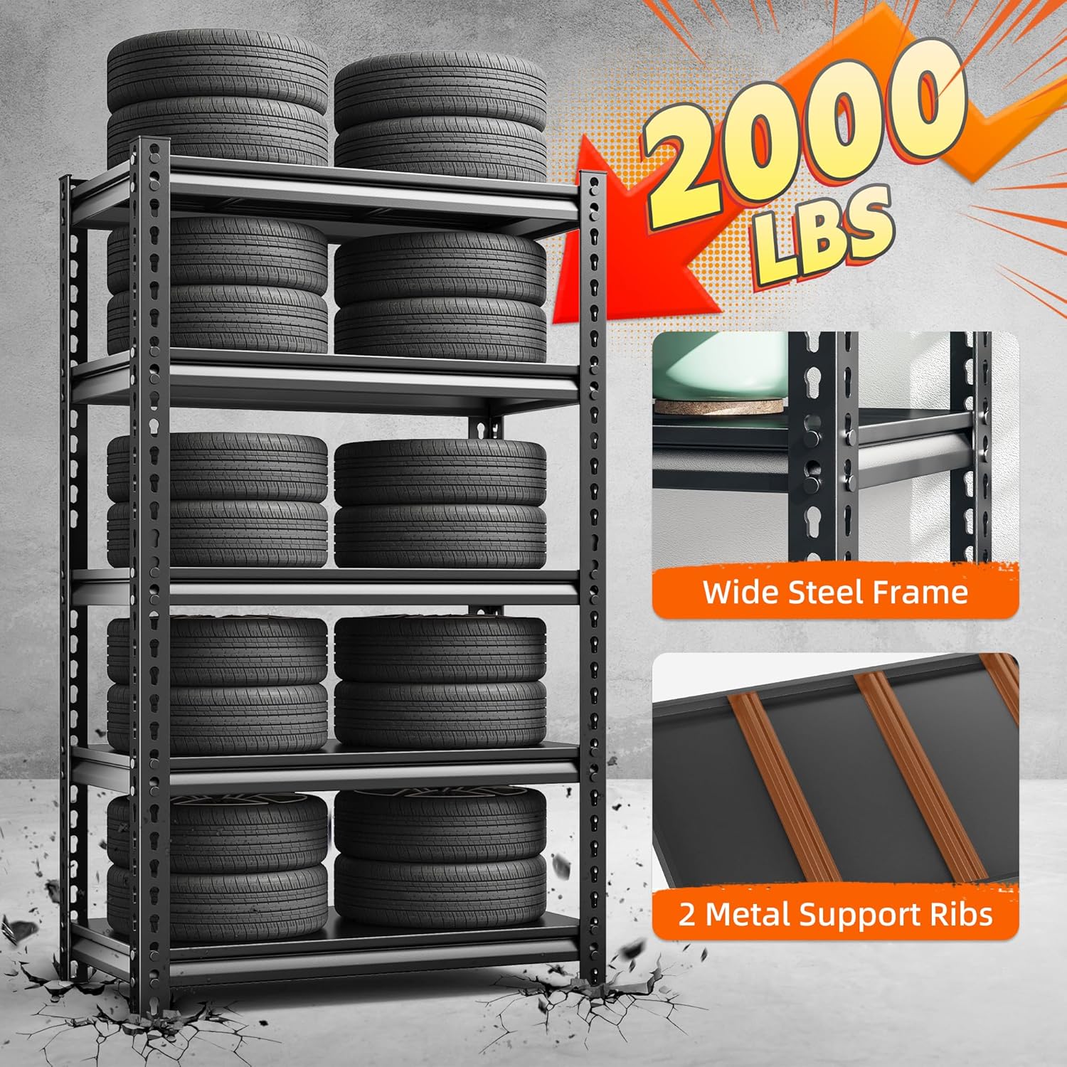 REIBII Storage Shelves, 2000LBS Garage Shelving Heavy Duty, 5 Tier Adjustable Metal Shelving for Garage, Warehouse, Pantry, Kitchen, Basement, 12" D x 27.5" W x 60" H, Black