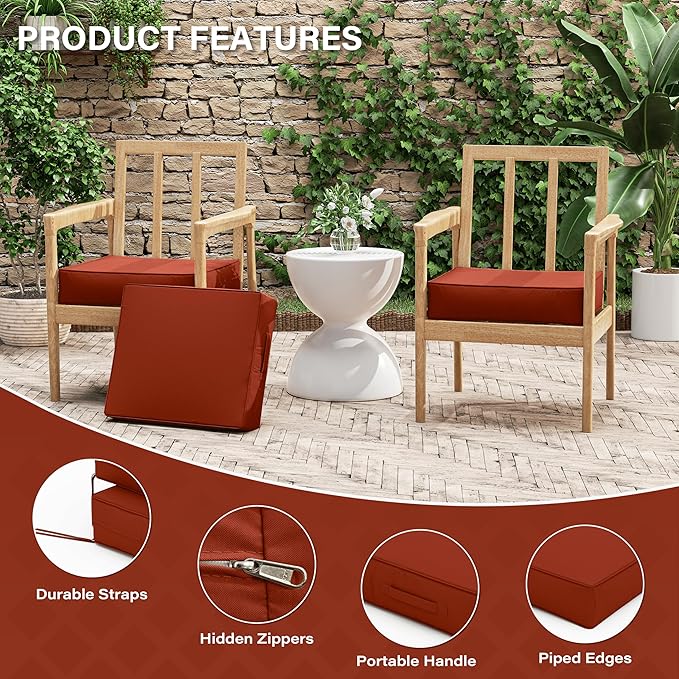 Patio Chair Cushions 18.5 X 16 X 4 Inch Waterproof Outdoor Seat Cushions for Patio Furniture, Outdoor Sofa Couch Pads with Ties & Handle, Set of 2, Terra Red