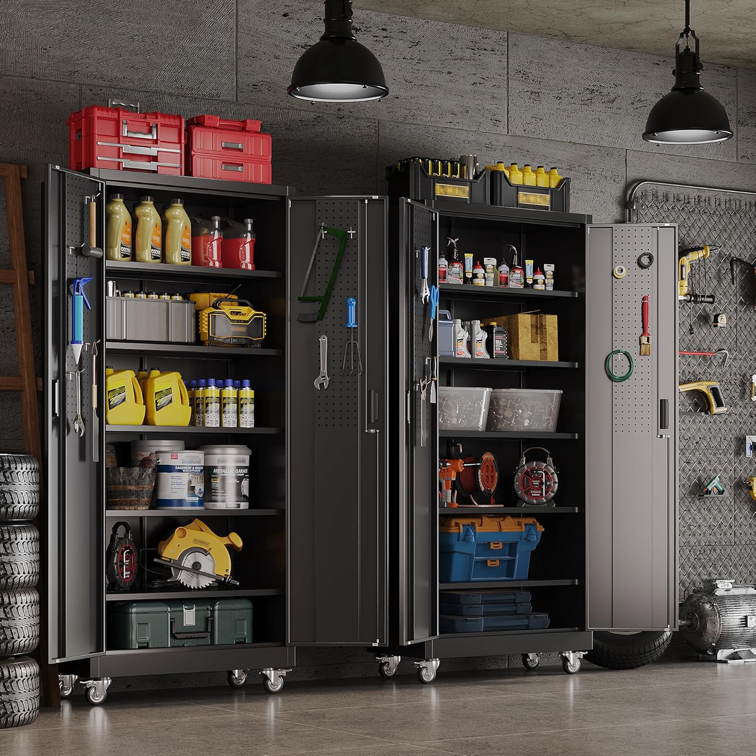 Aobabo 71" H×32" W×16" D Metal Storage Cabinet with Wheels, Garage Steel Storage Cabinet with 5 Adjustable Shelves and 4 Hooks for Home Office, Kitchen, Assembly Required, Black