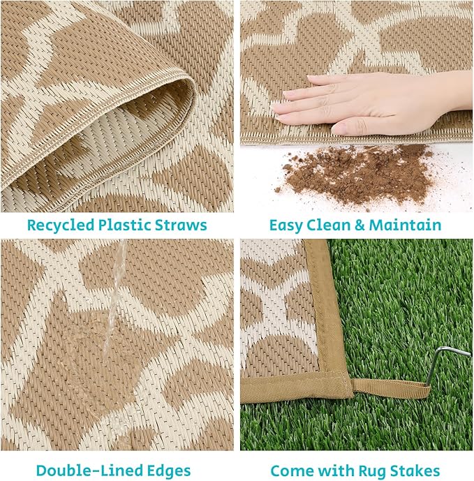 HEBE Outdoor Rug Waterproof 9x12, Plastic Straw Rug Camping Rug, Reversible Outdoor Patio Rugs RV Mat Clearance, Indoor Outside Floor Carpet for Porch,Deck,Camper,Balcony,Backyard
