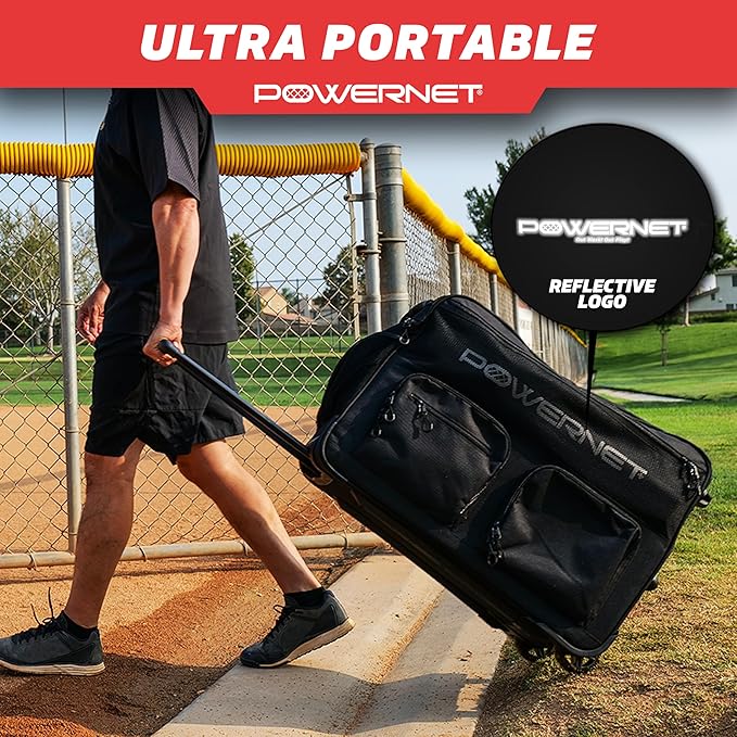 PowerNet Rolling Bucket Bag, Holds 2 6-Gallon Bucket of Baseballs & Softballs, Storage Pockets for Baseball Bat, Gloves & Scoreboards, Fits Launch F-lite Pitching Machine & Balls