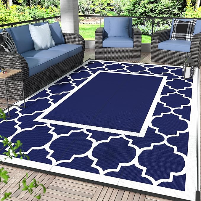 GENIMO 6' x 9' Outdoor Rug Waterproof for Patio Decor, Foldable Reversible Plastic Straw Area Rugs Mat for Camper, Outside Carpet for Rv, Deck, Porch, Picnic, Beach, Balcony, Blue & Grey