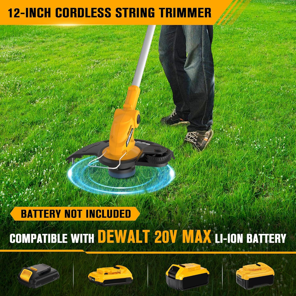Cordless String Trimmer Compatible with Dewalt 20V Battery, 12-Inch Weed Wacker Cordless Auto Line Feed,Electric Weed Eater Battery Powered Grass Trimmer w/2 Line Spools(Tool Only)