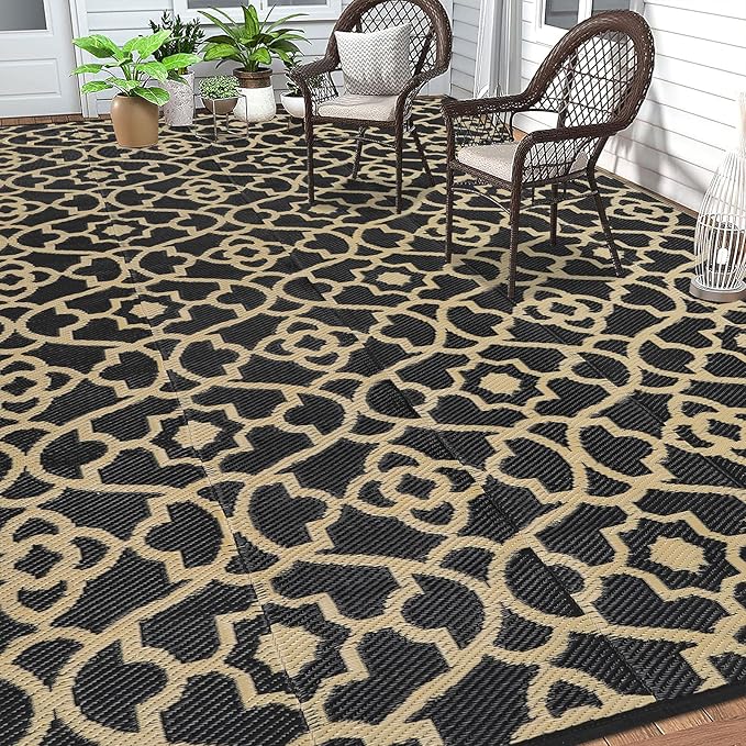 HEBE Outdoor Rug Waterproof 9x12, Reversible Plastic Straw Rug RV Camping Rug, Indoor Outdoor Patio Mat Clearance, Outside Carpet for Porch,Deck,Camper,Balcony,Backyard,Picnic