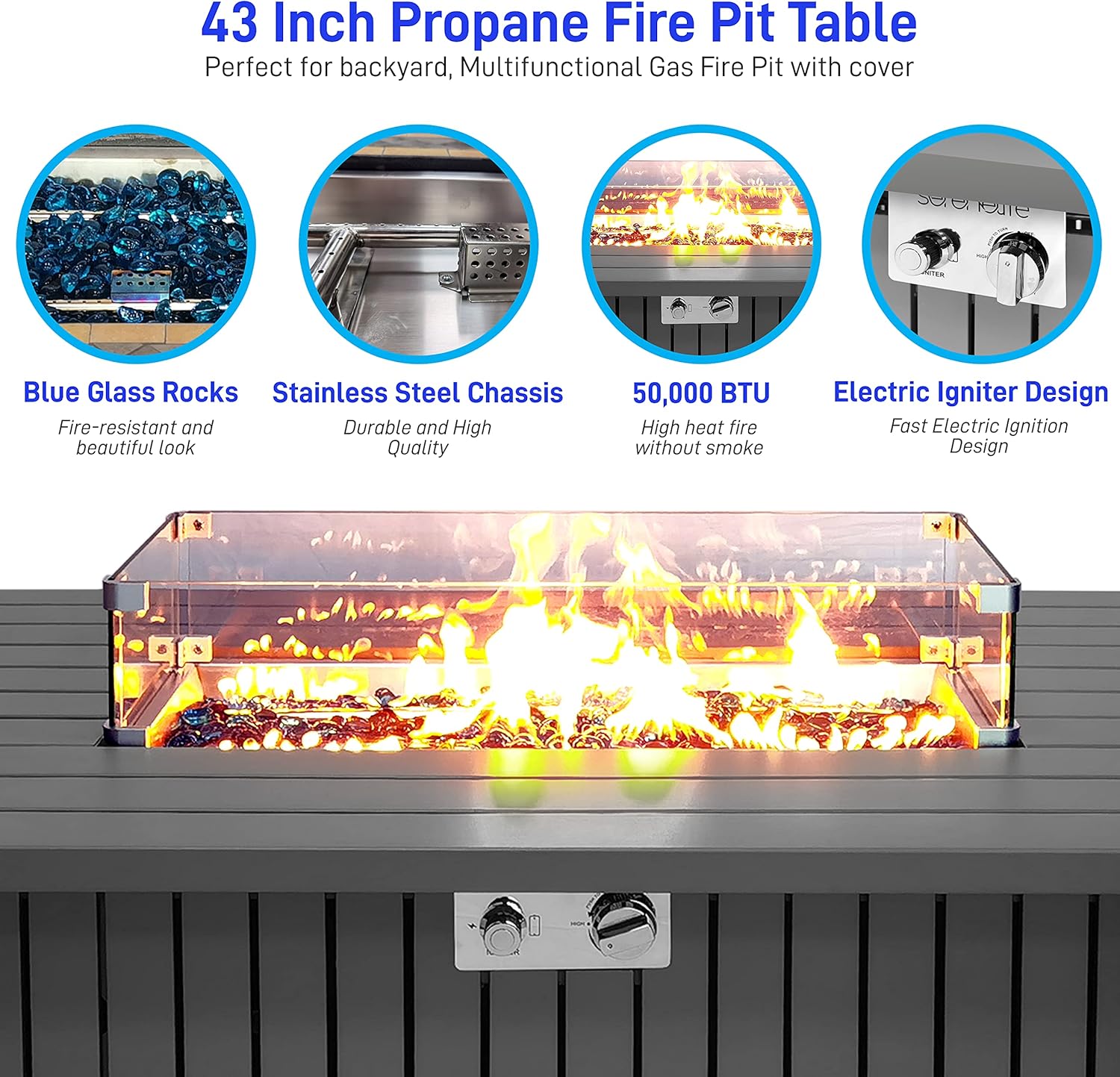 SereneLife 52 Inch Gas Fire Pit Table, 50,000 BTU Propane Pits for Outside with Steel Lid and Lava Rock, 2 in 1 Firepit Table Gatherings Parties on Patio Deck Garden Backyard