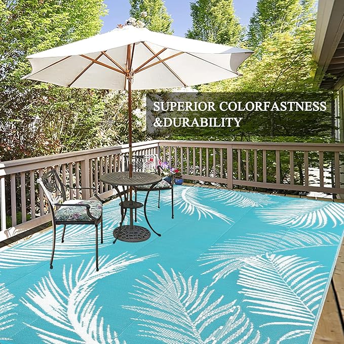 Pauwer Waterproof Outdoor Rug 6x9, Reversible Plastic Straw Patio Camping Rug, Indoor Outdoor RV Mat Carpet for Deck, Camper, Porch, Balcony, Backyard, Picnic, Leaf Teal