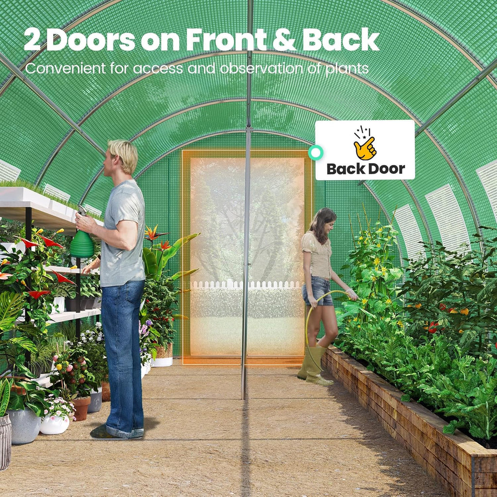 KING BIRD Premium 25x10x6.6FT Greenhouse for Outdoors, Large Walk-in Heavy Duty Galvanized Steel Frame, Mesh Door Screen Window Upgraded Zipper Tunnel Hoop for Garden Plant Winter, Green
