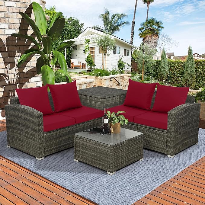 Outdoor Cushions for Patio Furniture, Waterproof Outdoor Chair Cushion w/Fade-Resistant, Removable & Machine-Washable Cover, 22x22 Inch, Deep Seat Sofa/Couch Pad Replacement – Set of 4, Burgundy