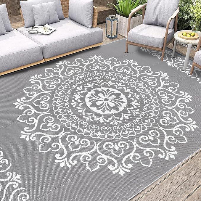 Pauwer Waterproof Outdoor Rug 9x12, Reversible Plastic Straw Patio Camping Rug, Indoor Outdoor RV Mat Carpet for Deck, Camper, Porch, Balcony, Backyard, Picnic, Floral Grey