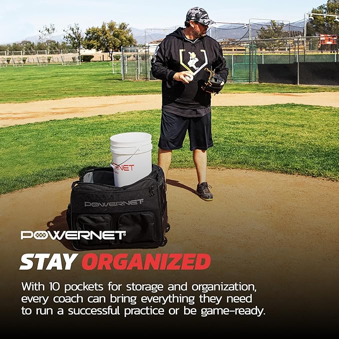 PowerNet Rolling Bucket Bag, Holds 2 6-Gallon Bucket of Baseballs & Softballs, Storage Pockets for Baseball Bat, Gloves & Scoreboards, Fits Launch F-lite Pitching Machine & Balls