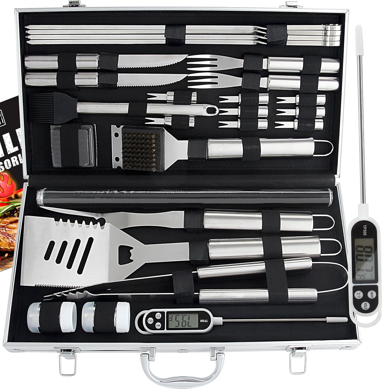 ROMANTICIST 28pcs BBQ Accessories Set with Thermometer - The Very Best Grill Gift on Birthday Wedding - Heavy Duty Stainless Steel Grill Set in Case for Outdoor Cooking Camping Grilling Smoking