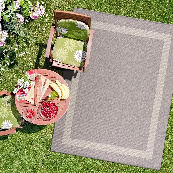 CAMILSON Outdoor Rug 8x10,Modern Outside Rugs for Patios Porches Waterproof Durable Washable Non-Shedding, Easy-to-Clean Indoor Outdoor Area Carpet (8 x 10, Bordered - Gray/White)