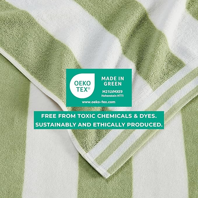 Great Bay Home 100% Cotton Velour 4 Pack Beach Towels 30" x 60" - Green/White Cabana Stripe Pool Towels - Quick Dry, Large Swim Towels
