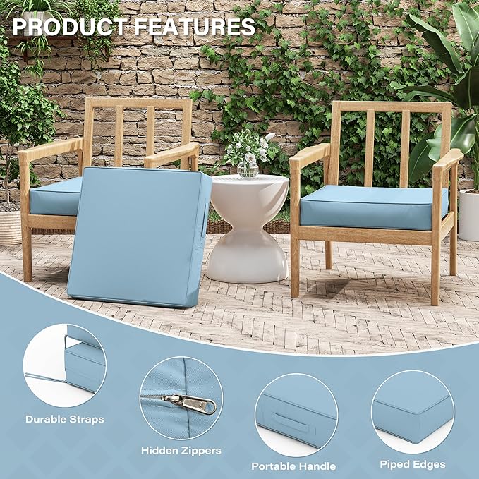 Patio Chair Cushions 22 X 22 X 4 Inch Waterproof Outdoor Seat Cushions for Patio Furniture, Outdoor Sofa Couch Pads with Ties & Handle, Set of 2, Light Blue