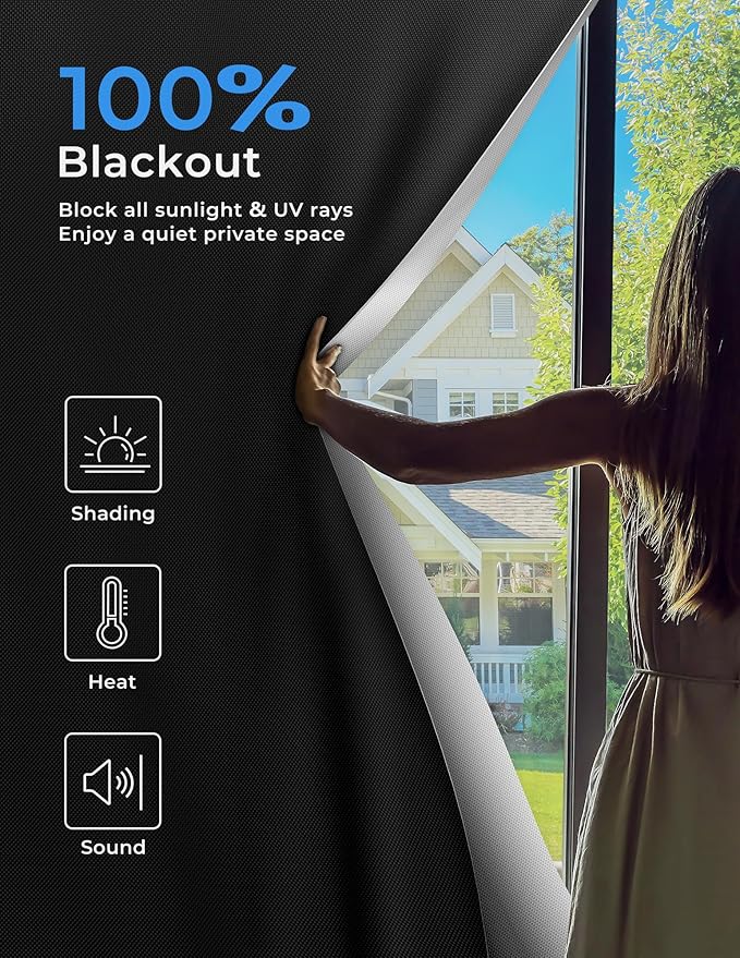 Sumobaby Blackout Curtains for Bedroom Portable 79”x59”Black Out Window Cover with Heat-Resistant Hook&Loop Tape,100%Blackout Shades,NoDrill Blinds for Windows DIY Cut Fit for Nursery&Dorm Room,Black