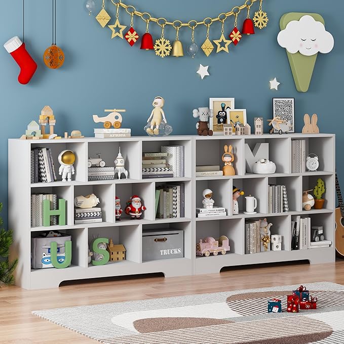 Book Shelf Set of 2, 10 Cubes Storage Organizer, 3-Tier Open Shelf Wooden Bookcase, Freestanding White Bookshelf Cube Shelf for Bedroom, Living Room, Home Office