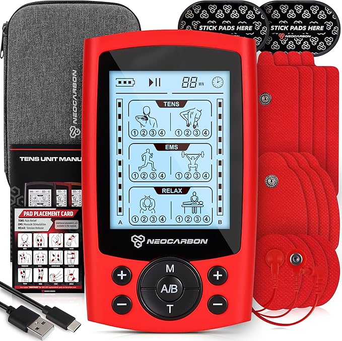 TENS Unit Muscle Stimulator, Electronic PMS Pulse Massager Machine for Shock Physical Therapy, Back Pain Relief, Shoulder Recovery, Red