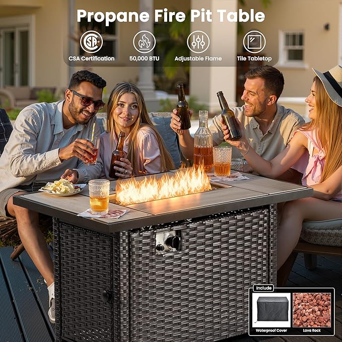 ovios 5 Pieces Patio Furniture Set with 42" Fire Pit Table, Outdoor Wicker Sofa with Loveseat, Comfy Cushions, High Back Couch Conversation Set, Brown Rattan, Navy Blue