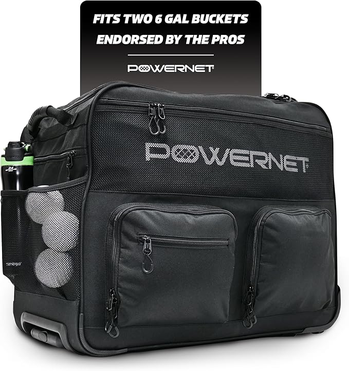 PowerNet Rolling Bucket Bag, Holds 2 6-Gallon Bucket of Baseballs & Softballs, Storage Pockets for Baseball Bat, Gloves & Scoreboards, Fits Launch F-lite Pitching Machine & Balls