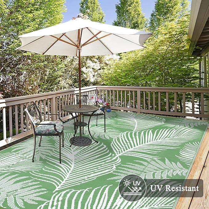 Pauwer Waterproof Outdoor Rug 8x10, Reversible Plastic Straw Patio Camping Rug, Indoor Outdoor RV Mat Carpet for Deck, Camper, Porch, Balcony, Backyard, Picnic, Leaf Green